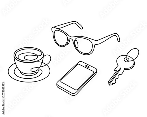 Line drawing of coffee cup phone key and glasses on white background