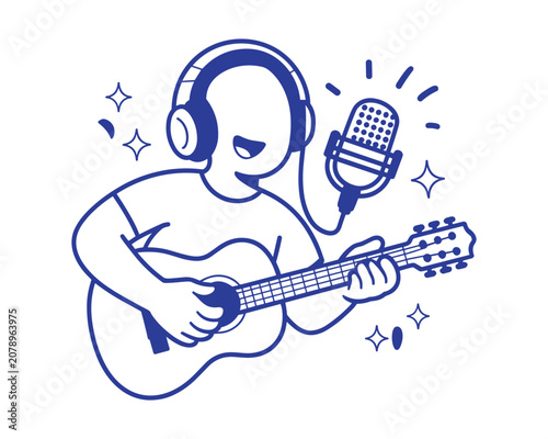 Man wearing headphones playing acoustic guitar and singing into microphone on white background