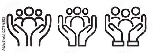 Hands Holding People Icons, Support Symbol, Line Art On a White background