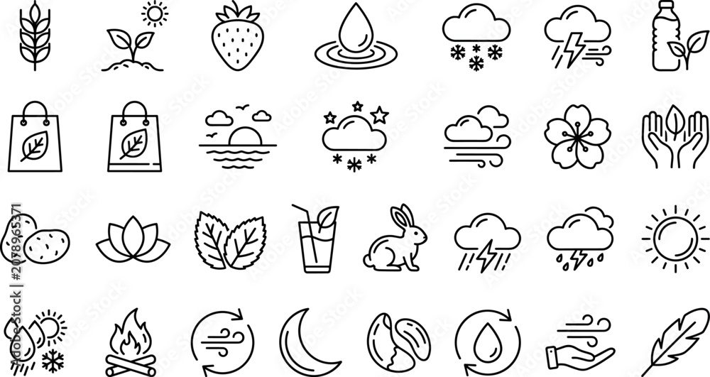 Fototapeta premium Nature elements weather forecasting ecology protection farming agriculture wild animals and plants outline vector icons set