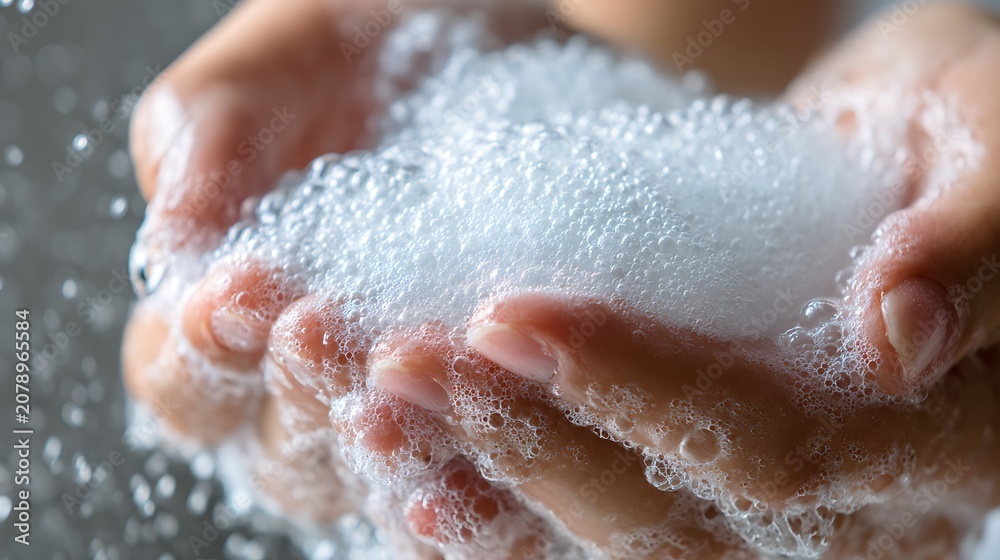 Fototapeta premium Close up of hands washing with soap foam.