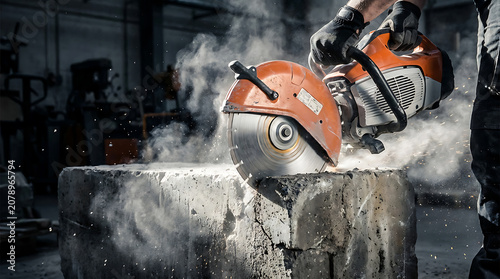 Construction Worker Using Power Saw To Cut Concrete Block In Industrial Workshop Setting