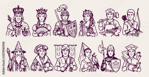 Bilde på lerret hand drawn royal character pattern, medieval monarch sketch background, king que