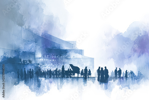 Concert Hall with Silhouetted Crowd and Piano in Watercolor Style