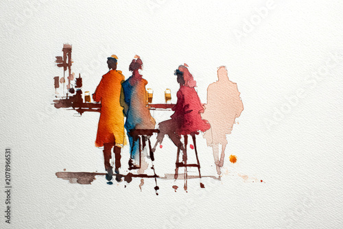 Watercolor Painting of People at a Bar with Drinks