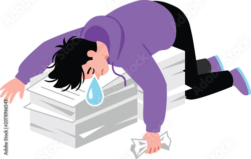 Flat vector illustration of a stressed person overwhelmed by work, collapsed on a stack of papers.
