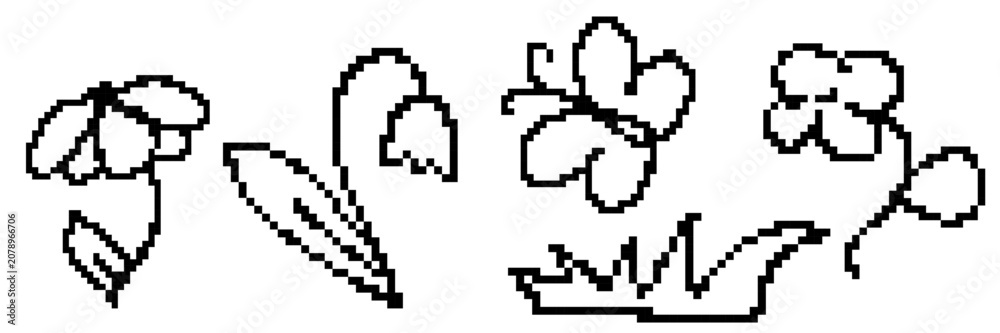 Fototapeta premium Pixel art nature elements set. 8 bit flowers, butterfly, grass and botanical plants. Retro video game sprites, old computer graphics floral clipart for UI, icons and game design. Vector illustration