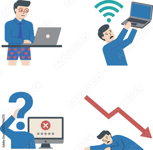 Conceptual flat design icon set illustrating common remote work and technology issues