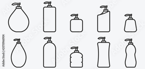 Pump Bottle Line Icons Set. Cosmetic, Soap, Shampoo, and Lotion Dispenser