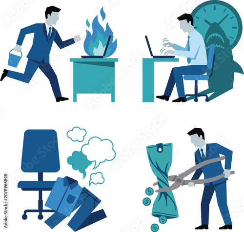 Vector icon set: Business professionals navigating workplace challenges, financial stress, and urgent deadlines in a corporate environment.