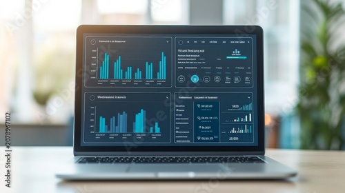 A laptop on a desk, displaying a dark-themed business dashboard with tealblue bar charts and data visualizations. The background is a blurred officeindoor setting with sunlight and a