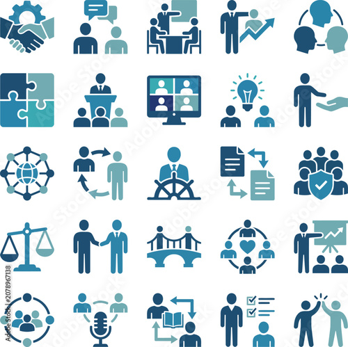 Modern flat design vector icon set for business, teamwork, communication, and leadership concepts