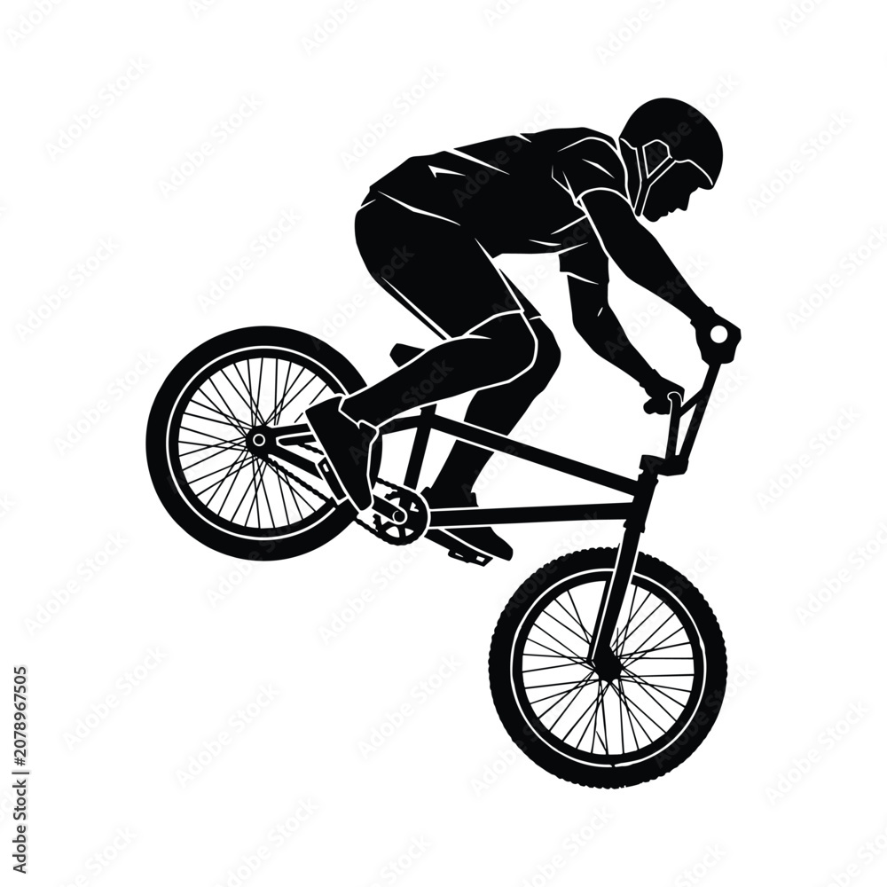 Obraz premium Cyclist performing tricks on small bicycle in mid air black and white graphic silhouette
