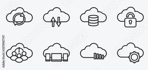 Cloud Computing Line Icons Set. Data Storage, Sync, Network Security, and Server