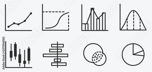 Data Visualization Line Icons Set. Business Infographics, Financial Charts, Analytics Graphs, and Statistics