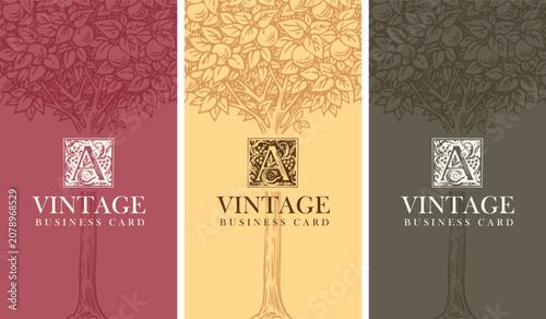 Принти на полотні A set of vintage banners featuring an apple or orange tree and a letter A logo