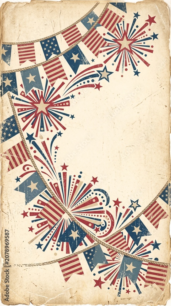Fototapeta premium Patriotic 4th of July background, American flag bunting, vintage fireworks border, Independence Day decoration, red white blue celebration