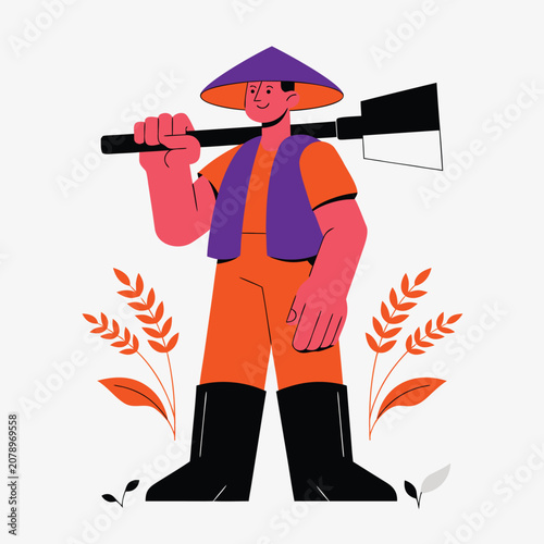 Farmer Agriculture Worker Holding Shovel Vector Illustration