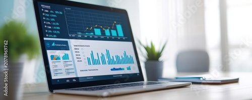 Image A close-up, low-angle shot of a laptop displaying complex data charts (bar graphs, line graphs, percentage stats). Environment A clean, modern officehome office setting. Soft,