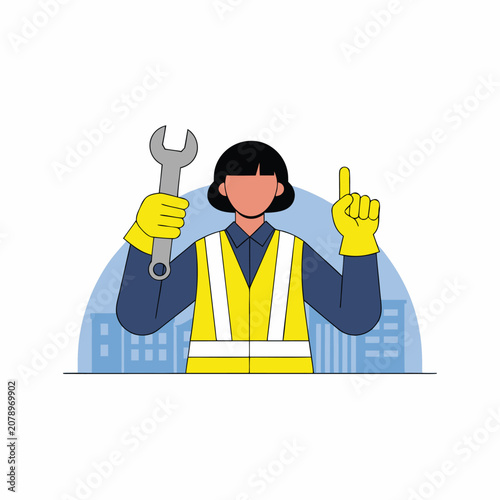 Female Construction Worker Engineer With Wrench and Safety Vest Vector Illustration