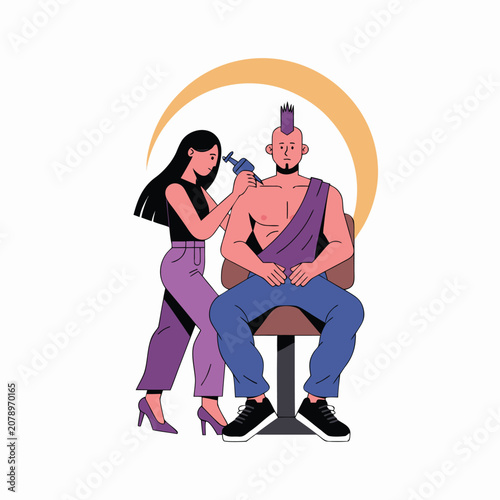 Female Tattoo Artist Working With Client in Studio Vector Illustration