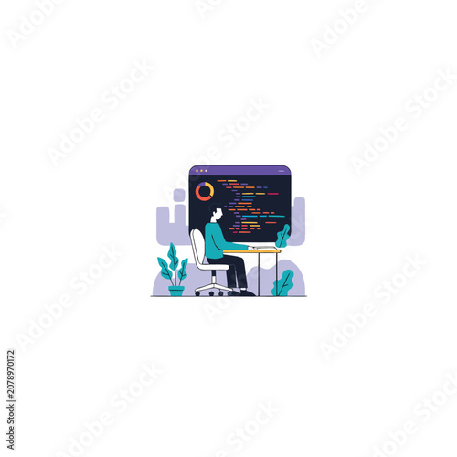 Female Software Developer Coding at Computer Vector Illustration
