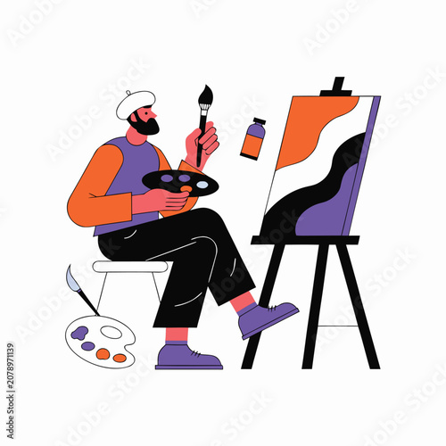 Male Artist Painting on Canvas in Studio Vector Illustration