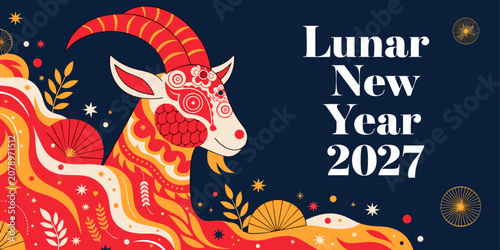 Floral stylized year of the goat 2027 lunar new year graphic with horoscope stylized traditional celebration greeting illustration vietnamese astrology decorative invitation template