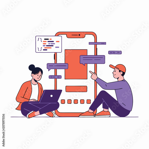 Mobile App Development Coding Team and UI Design Vector Illustration