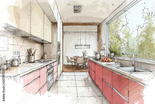Hand Drawn Illustration of Luxury Kitchen Interior with Large Window