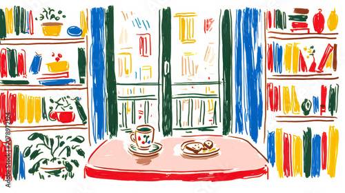 Colorful Illustration of Bookshop Interior with Table and Tea Cup