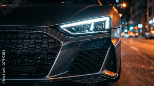 Close Up Front Grille and LED Headlight Detail of Luxury Sports Car at Night