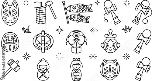 Cuadro en lienzo Traditional Japanese toys cultural symbols lucky charms festival games kokeshi d