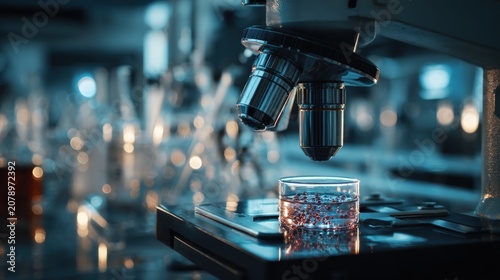 Microscope examining petri dish with red particles in lab