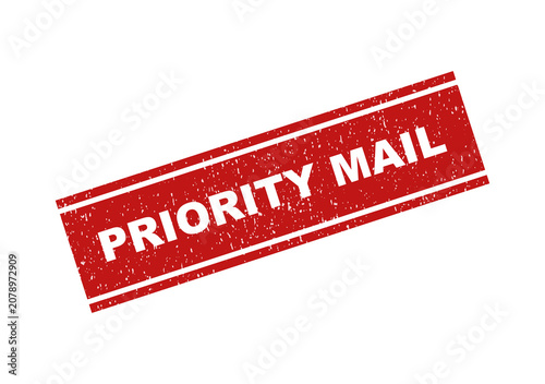 Red priority mail rubber stamp seal icon with grunge texture effect