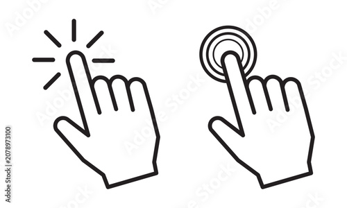 Hand cursor clicking and tapping linear icons. Vector outline symbols of index finger touch-screen gestures.
