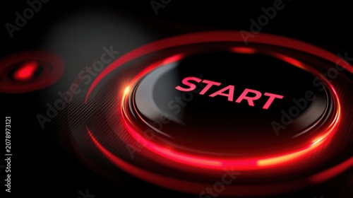 Glowing red start button on a dark background, symbolizing launch, activation, power, innovation, startup, technology and digital transformation