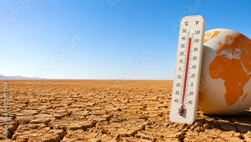Global warming and El Nino climate crisis concept. Extreme heat climate change and El Nino effect. Climate change concept with thermometer in parched earth.