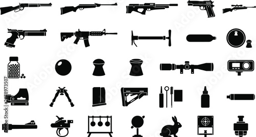 Konstfotografi Air gun and shooting target icons for precision sports gear ammunition sights an