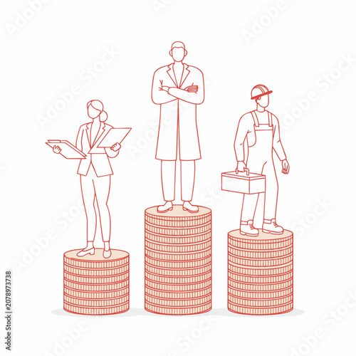 Profession Salary Comparison and Income Inequality Line Art Illustration