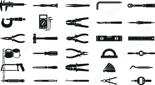 Tableau sur toile Precision hand measurement tools and manual equipment flat vector icons set on w