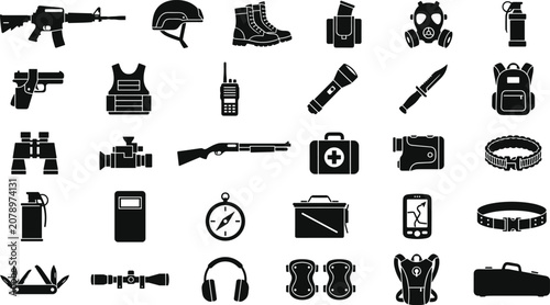 Cuadro en lienzo Tactical combat equipment and military field gear flat icons set for survival an