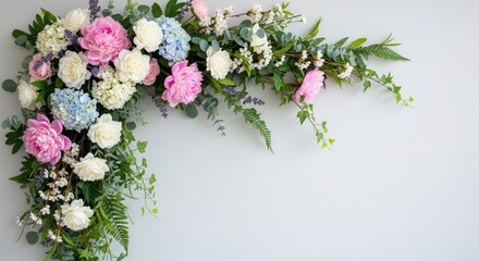 Pink and white roses floral border white background.