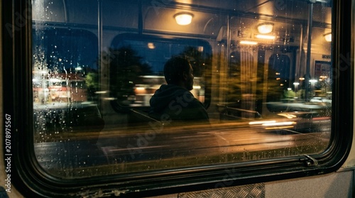 View through Rainy Window of City Street Lights at Night from Bus Interior