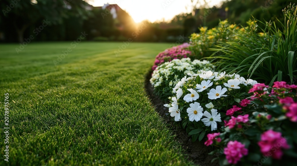 Fototapeta premium Manicured backyard lawn with colorful flower border and lush residential garden at sunset