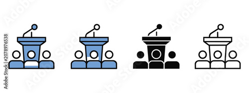 Photos Podium speaker at tribune icons set with audience on transparent background