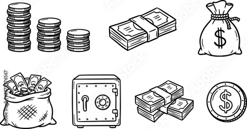 Fotografie Set of money and finance icons, hand drawn doodle style