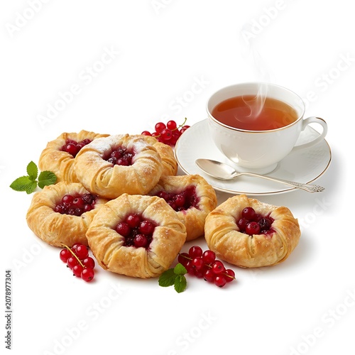 Assorted puff pastries with berry filling served with hot tea. Traditional sweet breakfast concept featuring homemade baked goods and fresh ingredients.