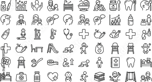Comprehensive pediatric healthcare and child growth thin line icon set featuring baby development medical symbols