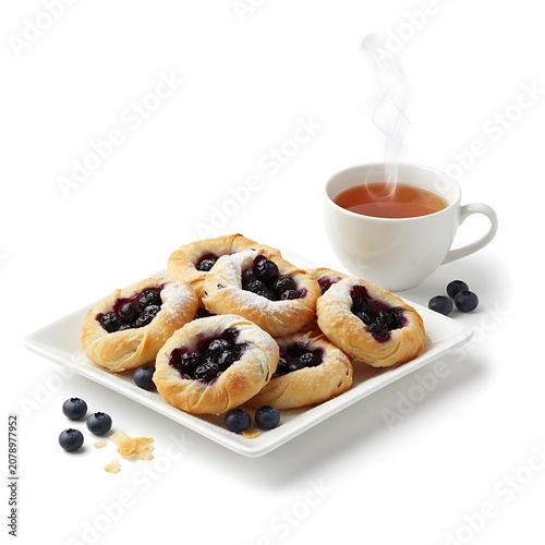 Assorted puff pastries with berry filling served with hot tea. Traditional sweet breakfast concept featuring homemade baked goods and fresh ingredients.